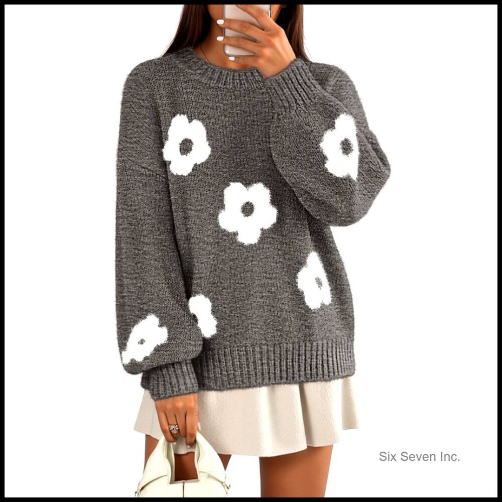 Floral Knit Pullover Sweater Long Lantern Sleeve Crewneck Oversized Chic Fall
